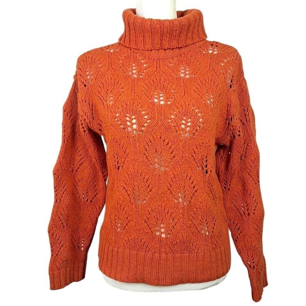 Vintage LIZ CLAIBORNE S Orange Turtleneck Sweater Cable Knit Leaf Pattern Chunky